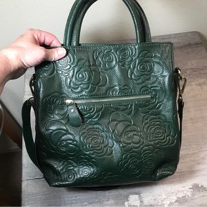 Realer genuine Leather floral flower embossed bag purse dark green Preowned Nice
